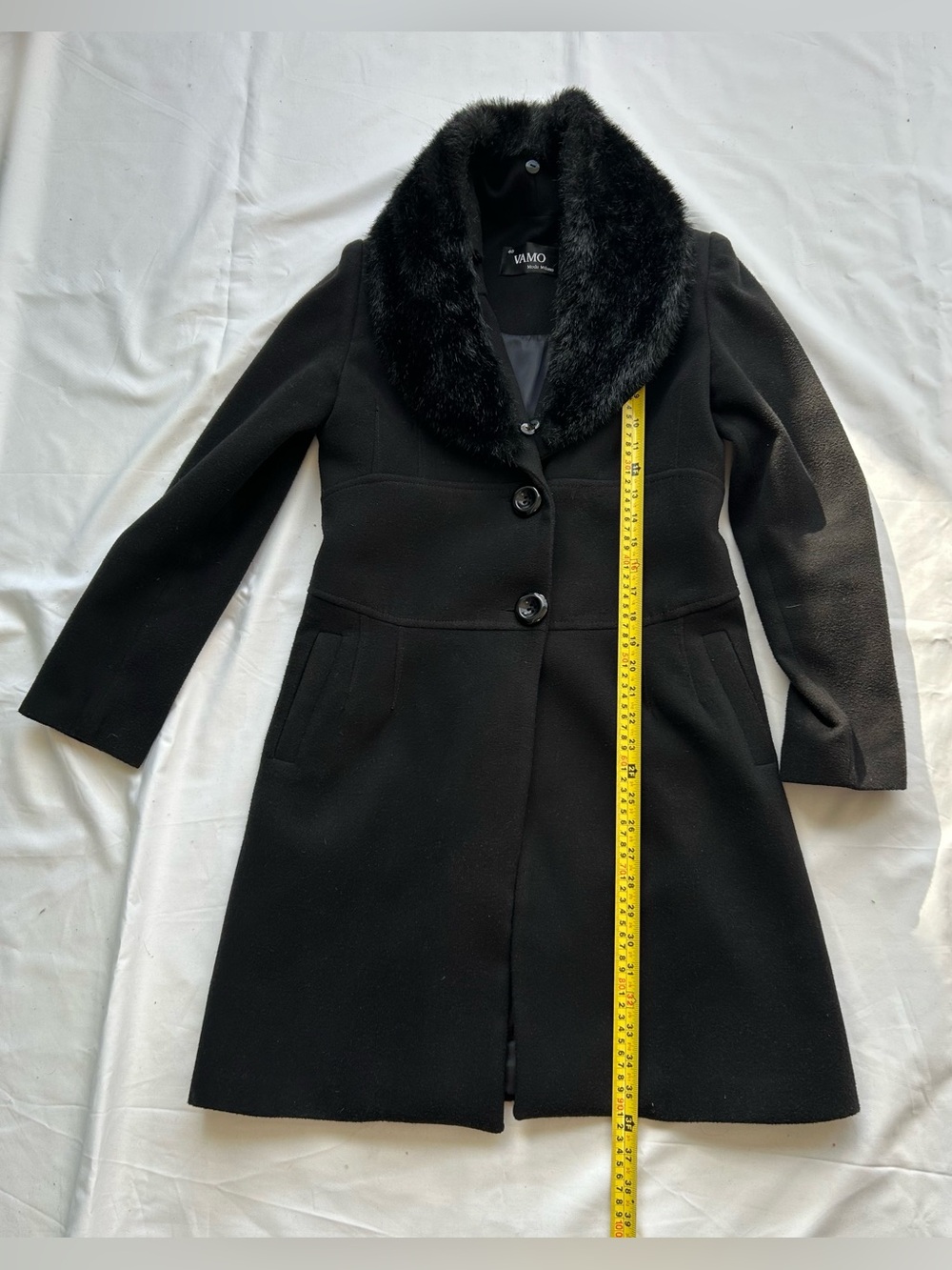 AMO Black Wool Trench Coat with Faux Fur Collar